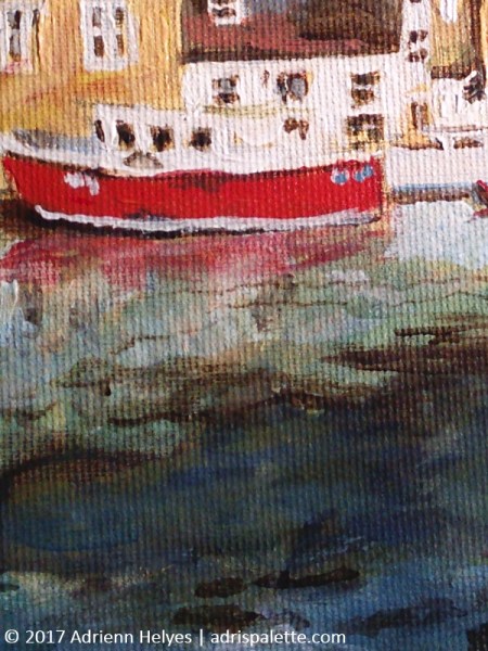 Padstow harbor with yellow ship - detail with red ship